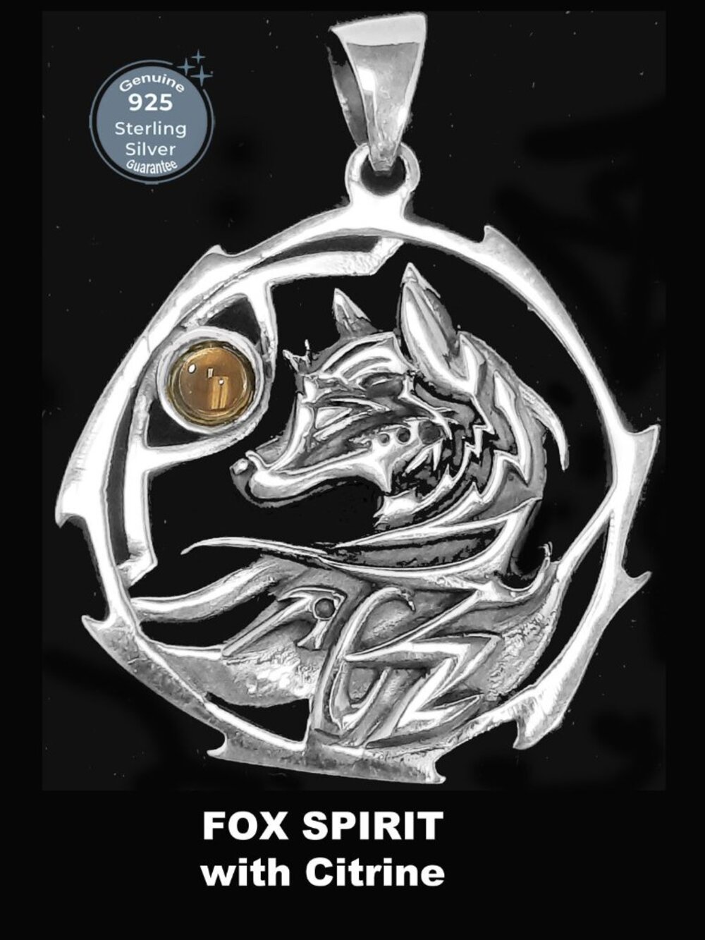 Sterling Silver 925 𝑭𝒐𝒙 𝒔𝒑𝒊𝒓𝒊𝒕 and 𝑪𝒊𝒕𝒓𝒊𝒏𝒆 stone Pendant